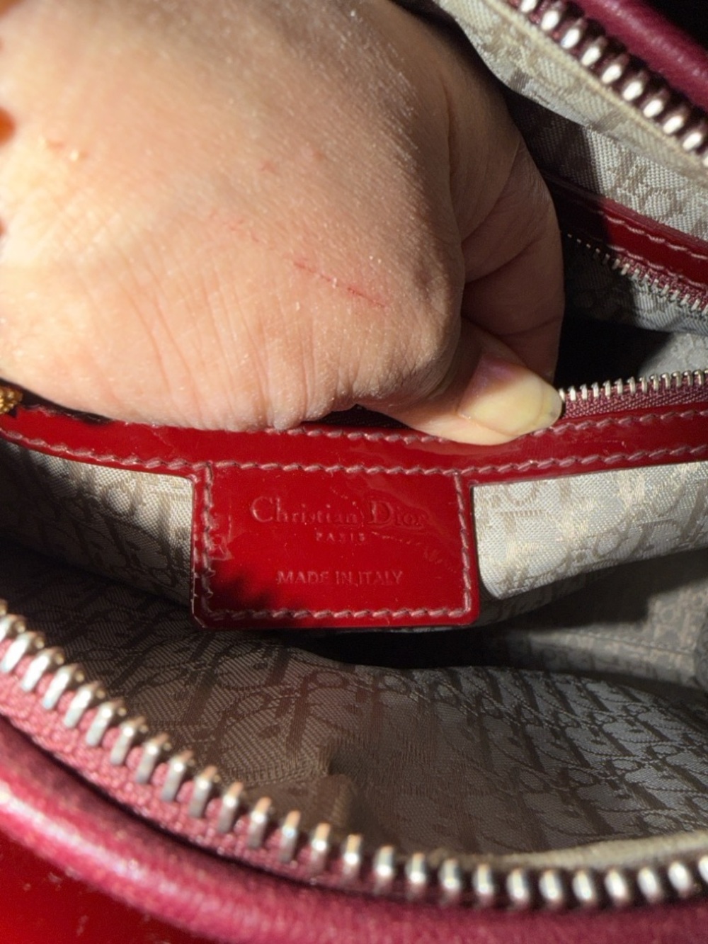 Preloved Christian Dior Burgundy Patent Leather Lady Tote with Dangle Charms - Picture 8 of 11